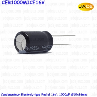 Condensateur Electrolytique Radial 16V, 1000uF Ø10x16mm